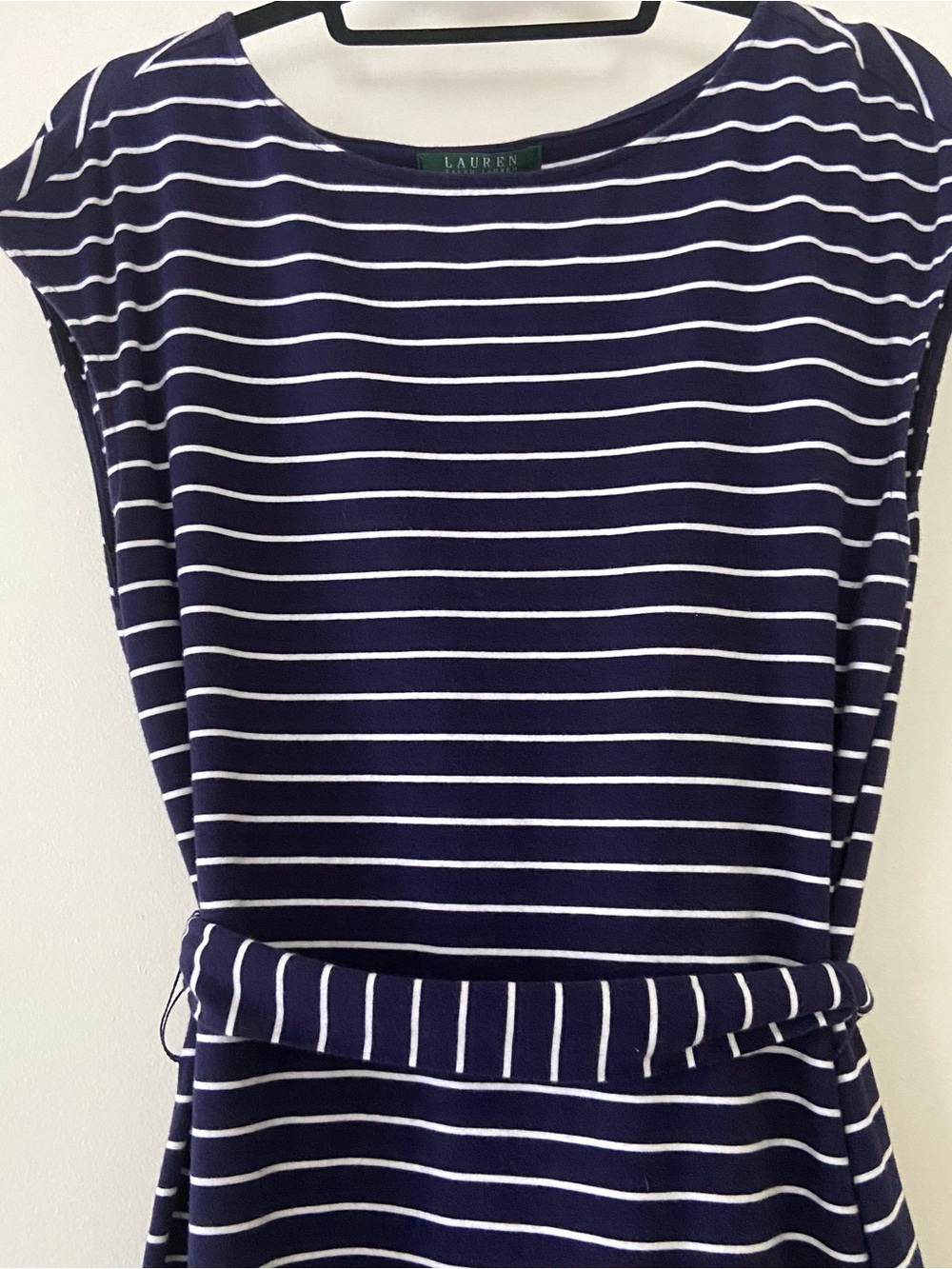 Lauren Ralph Lauren Navy Striped Dress Size Large Belted Nautical Coastal Preppy - Picture 2 of 9